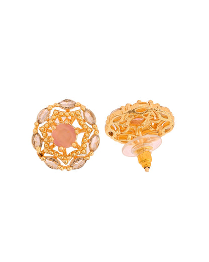 VOJ Gold Plated Baby Pink Circular Stone Studded Floral Cz Chain Set