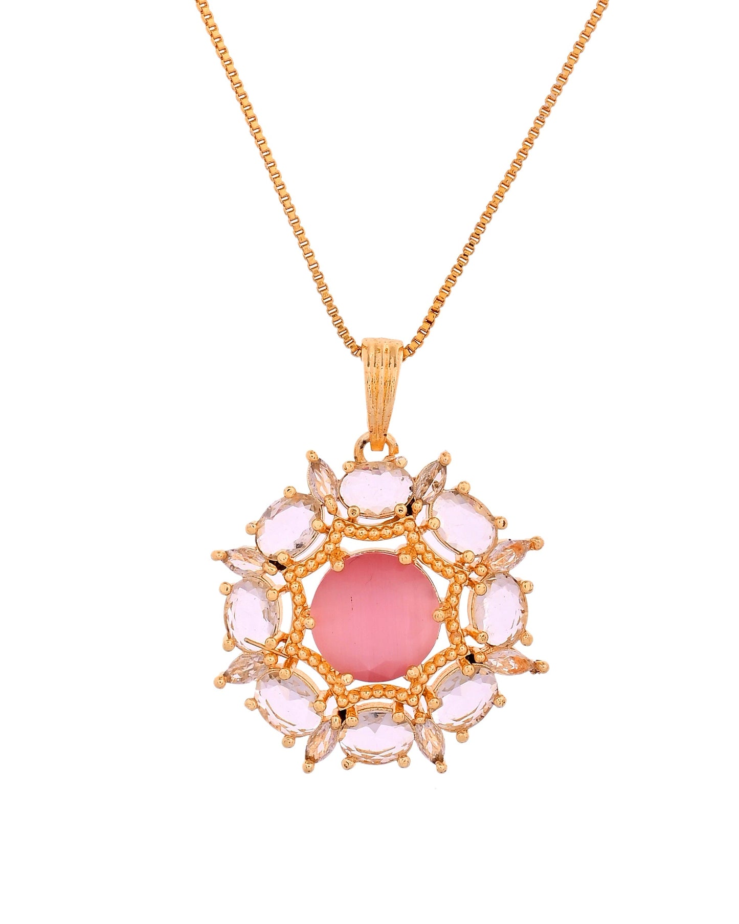 VOJ Gold Plated Baby Pink Circular Stone Studded Floral Cz Chain Set