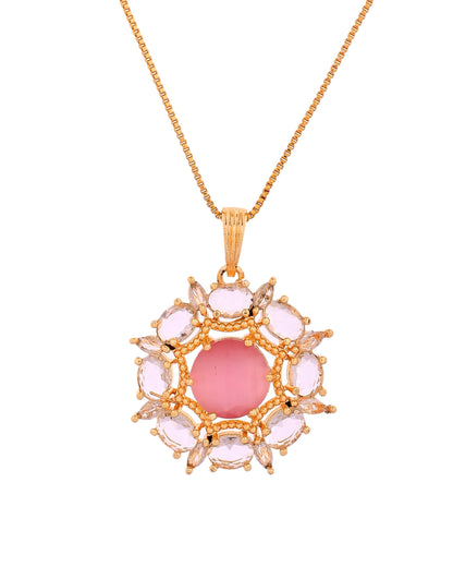 VOJ Gold Plated Baby Pink Circular Stone Studded Floral Cz Chain Set