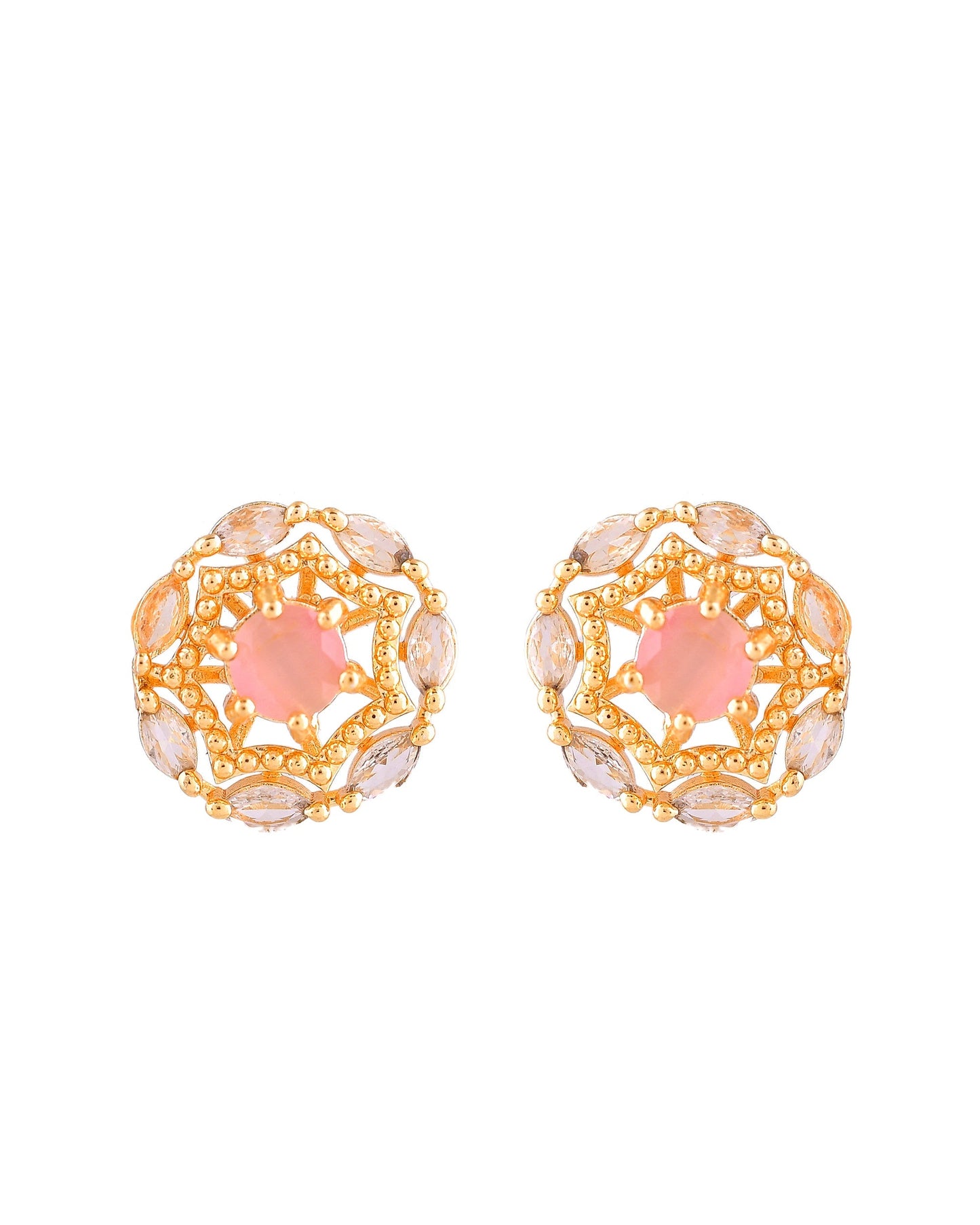VOJ Gold Plated Baby Pink Circular Stone Studded Floral Cz Chain Set
