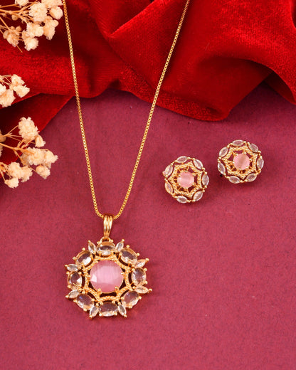 VOJ Gold Plated Baby Pink Circular Stone Studded Floral Cz Chain Set
