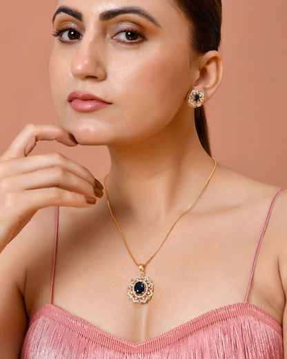 VOJ Gold Plated Circulare Blue Cz Stone Studded Chain Set