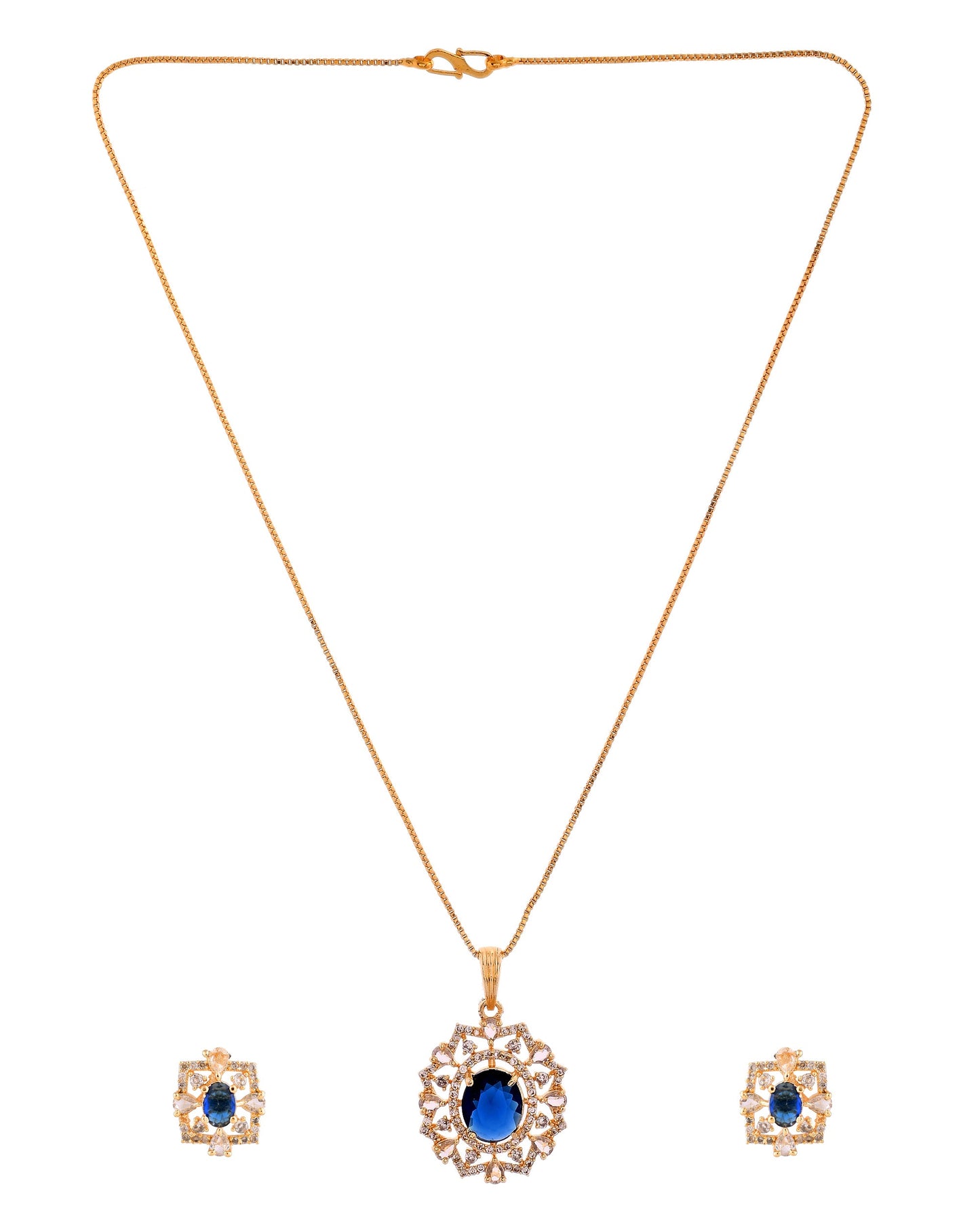 VOJ Gold Plated Circulare Blue Cz Stone Studded Chain Set