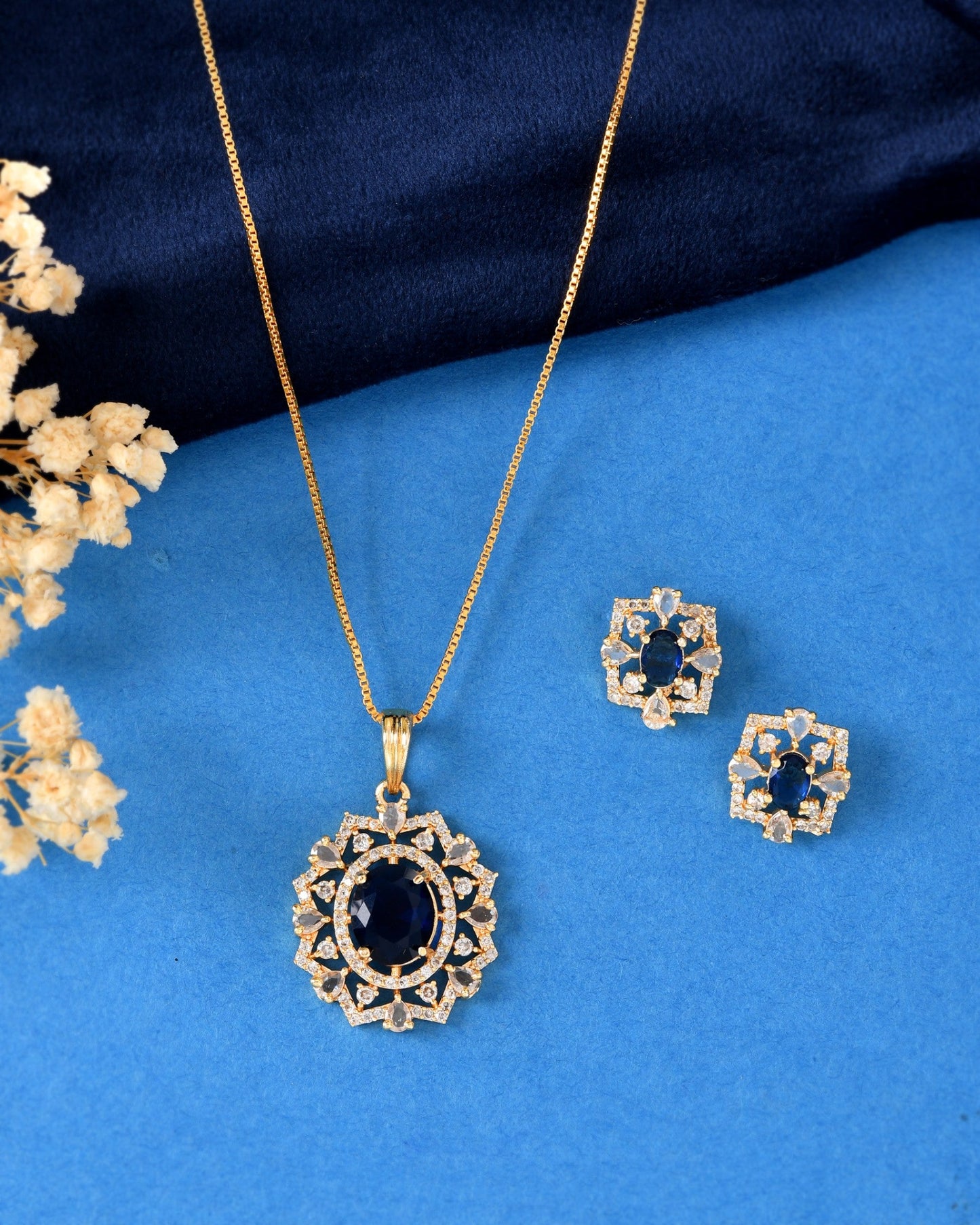 VOJ Gold Plated Circulare Blue Cz Stone Studded Chain Set