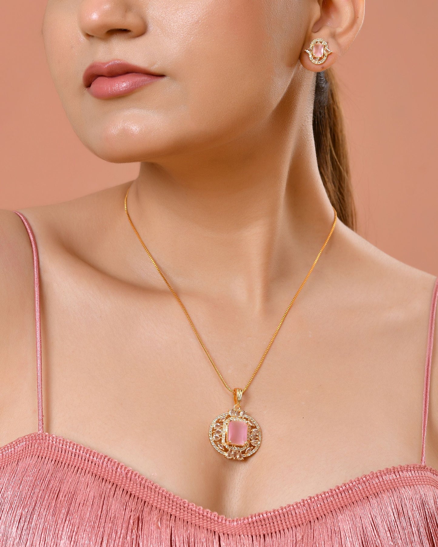 VOJ Gold Plated Baby Pink Rectangular Shaped And Ad Stone Studded Chain Set