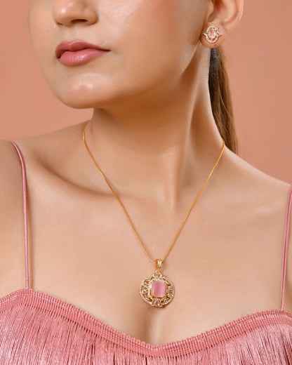 VOJ Gold Plated Baby Pink Rectangular Shaped And Ad Stone Studded Chain Set