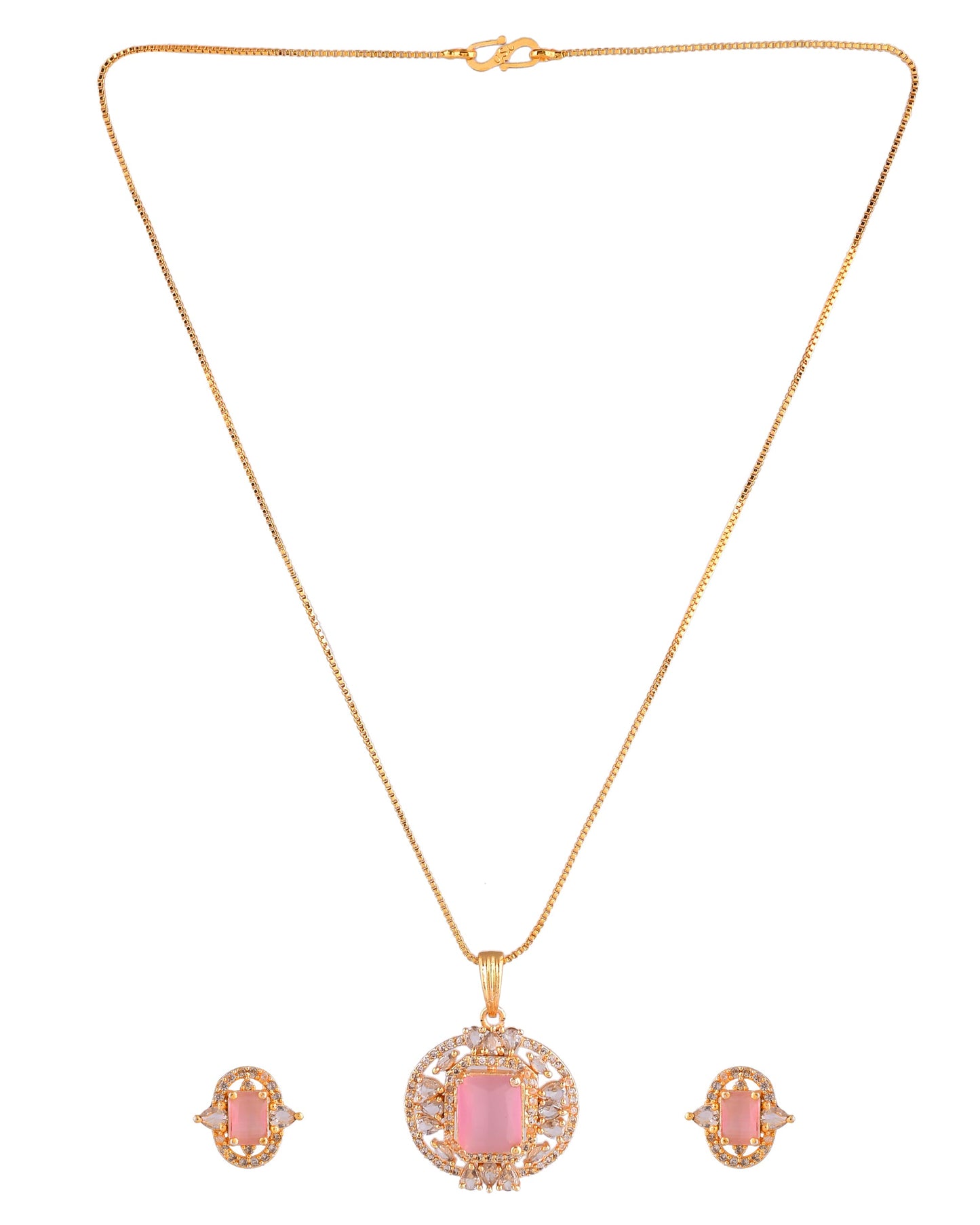 VOJ Gold Plated Baby Pink Rectangular Shaped And Ad Stone Studded Chain Set