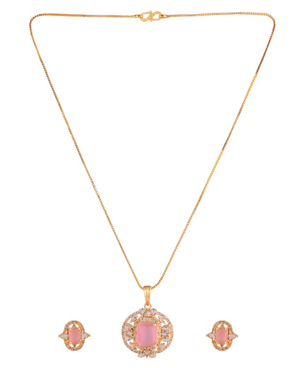 VOJ Gold Plated Baby Pink Rectangular Shaped And Ad Stone Studded Chain Set