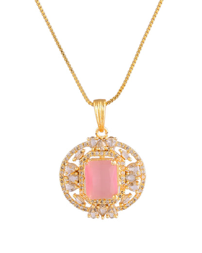 VOJ Gold Plated Baby Pink Rectangular Shaped And Ad Stone Studded Chain Set