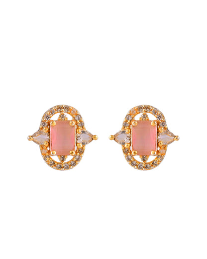VOJ Gold Plated Baby Pink Rectangular Shaped And Ad Stone Studded Chain Set