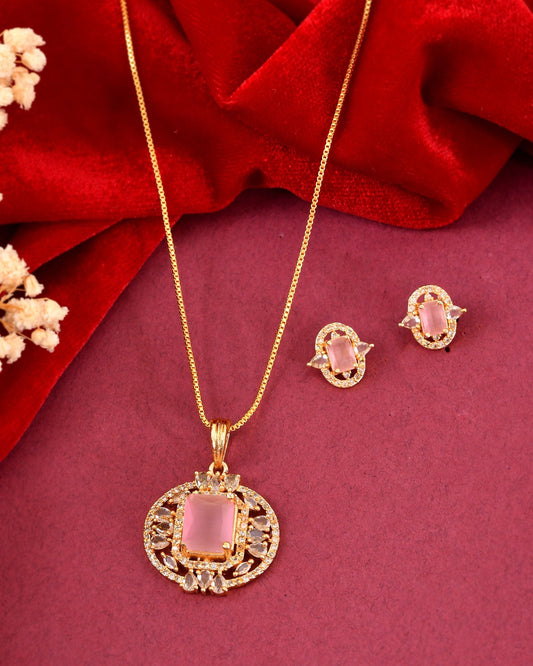 VOJ Gold Plated Baby Pink Rectangular Shaped And Ad Stone Studded Chain Set