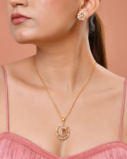 VOJ Gold Toned Circular Shaped Designer Cz Stone Studded Chain Set