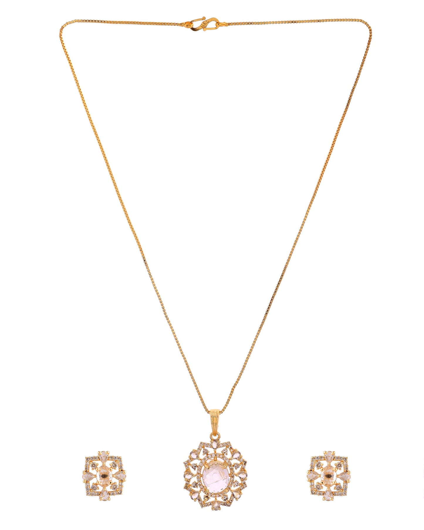 VOJ Gold Toned Circular Shaped Designer Cz Stone Studded Chain Set