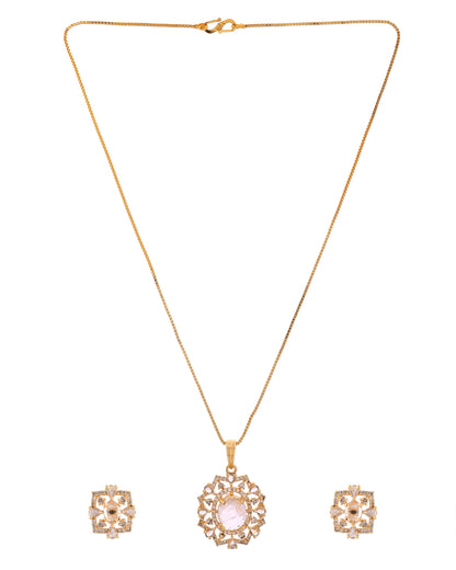 VOJ Gold Toned Circular Shaped Designer Cz Stone Studded Chain Set