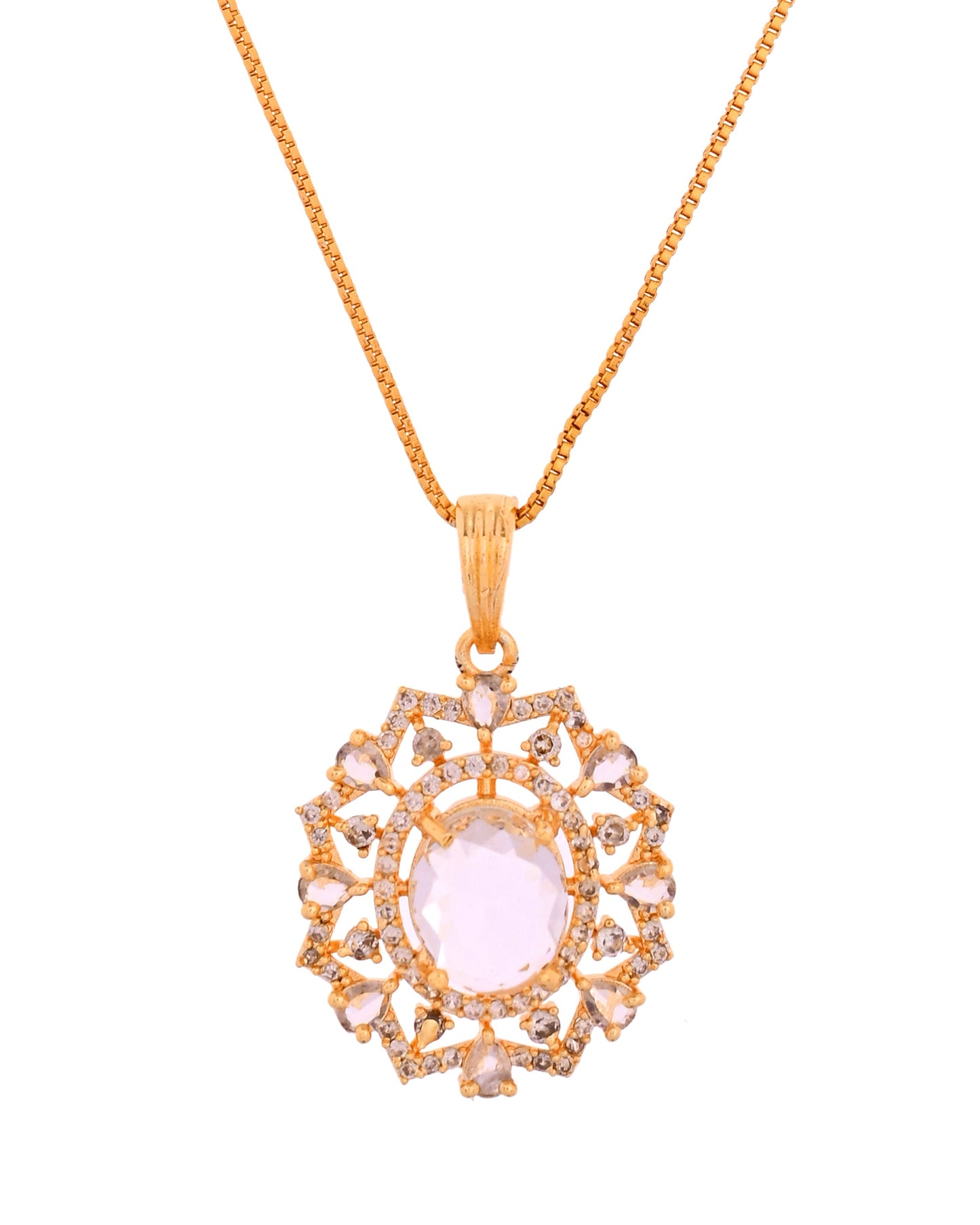 VOJ Gold Toned Circular Shaped Designer Cz Stone Studded Chain Set