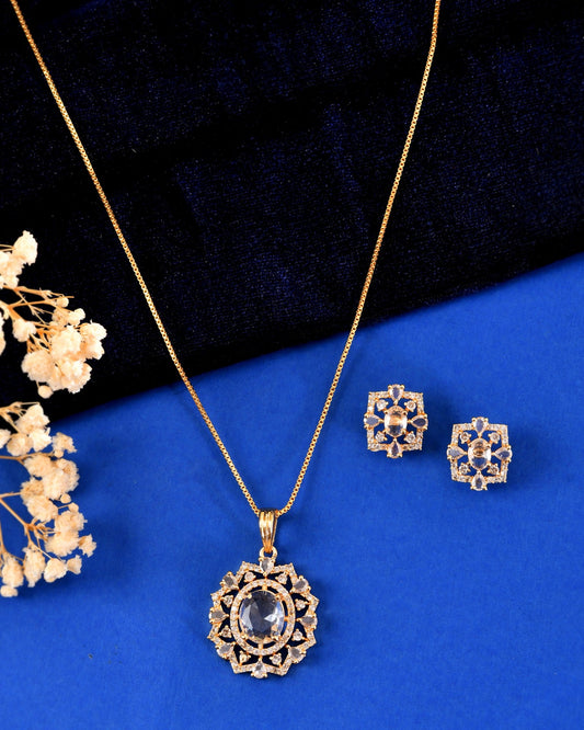 VOJ Gold Toned Circular Shaped Designer Cz Stone Studded Chain Set