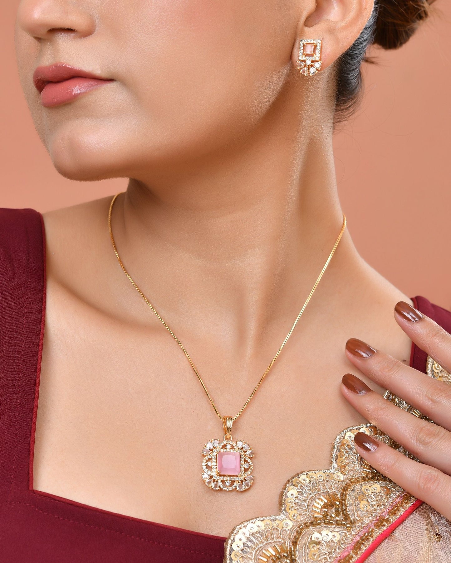 VOJ Gold Plated Baby Pink Square Ad Stone Studded Chain Set