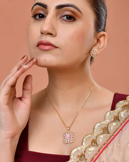 VOJ Gold Plated Baby Pink Square Ad Stone Studded Chain Set