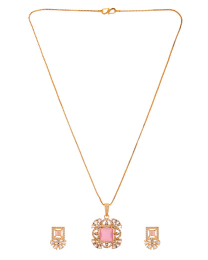 VOJ Gold Plated Baby Pink Square Ad Stone Studded Chain Set