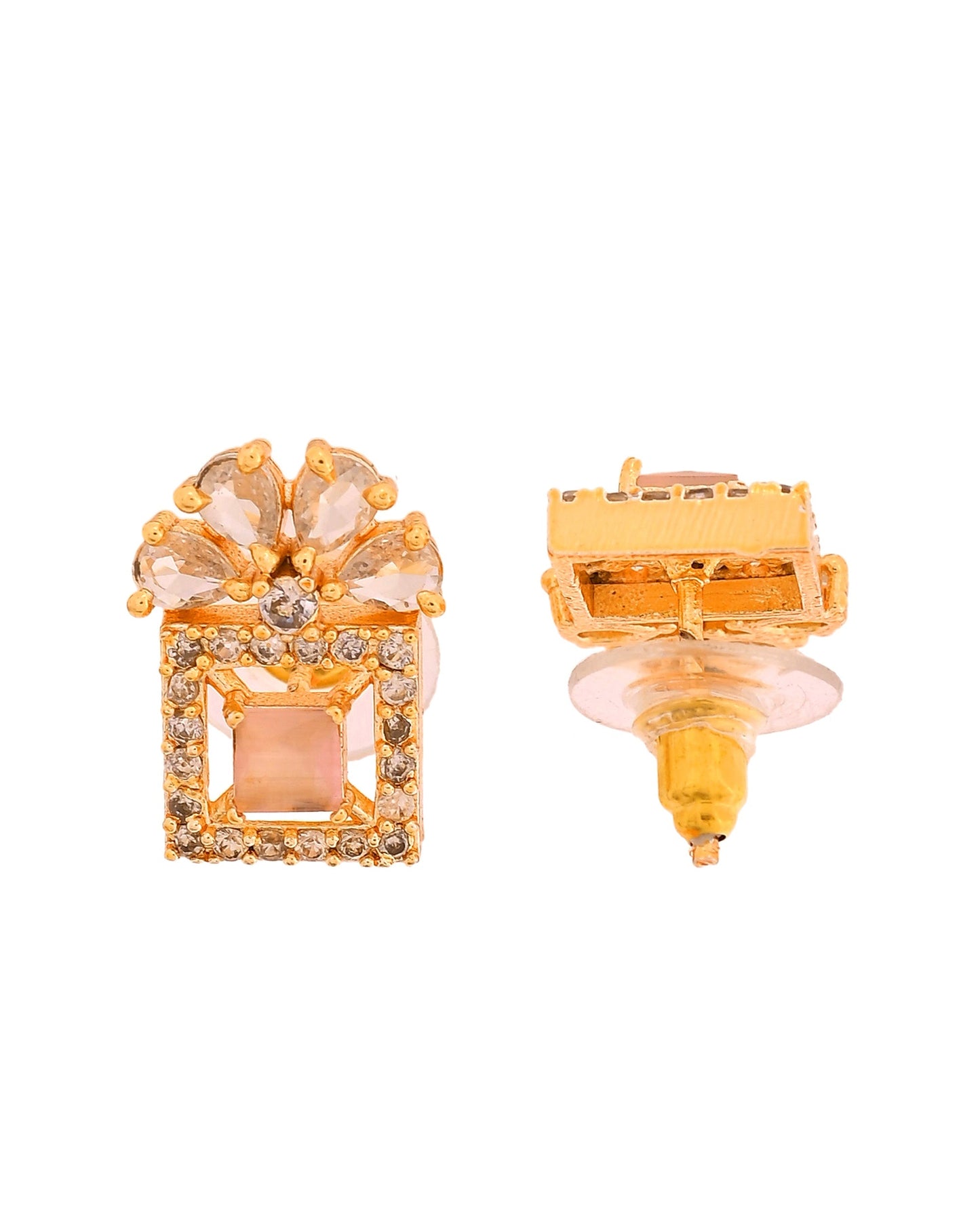 VOJ Gold Plated Baby Pink Square Ad Stone Studded Chain Set