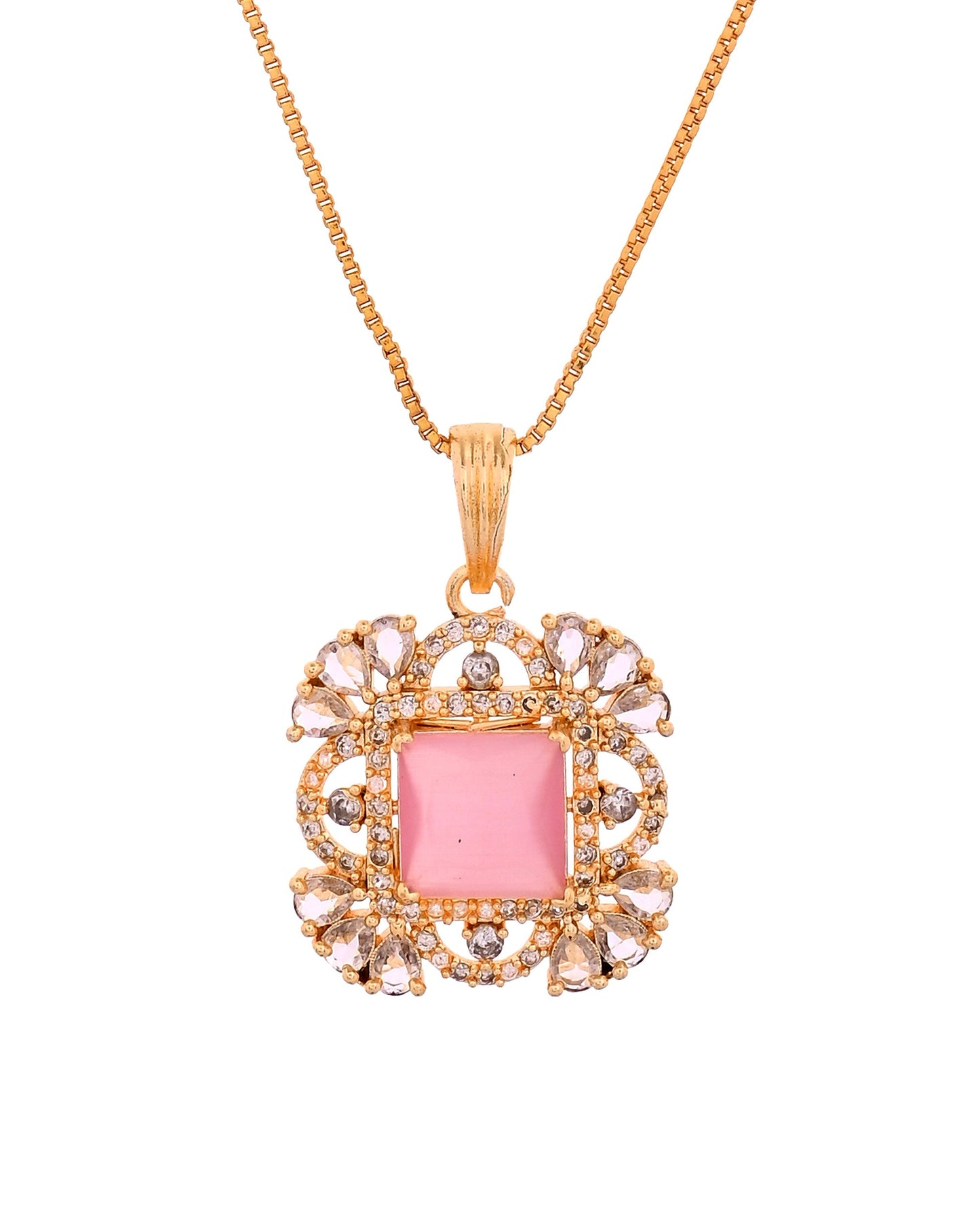 VOJ Gold Plated Baby Pink Square Ad Stone Studded Chain Set