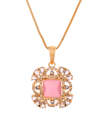 VOJ Gold Plated Baby Pink Square Ad Stone Studded Chain Set