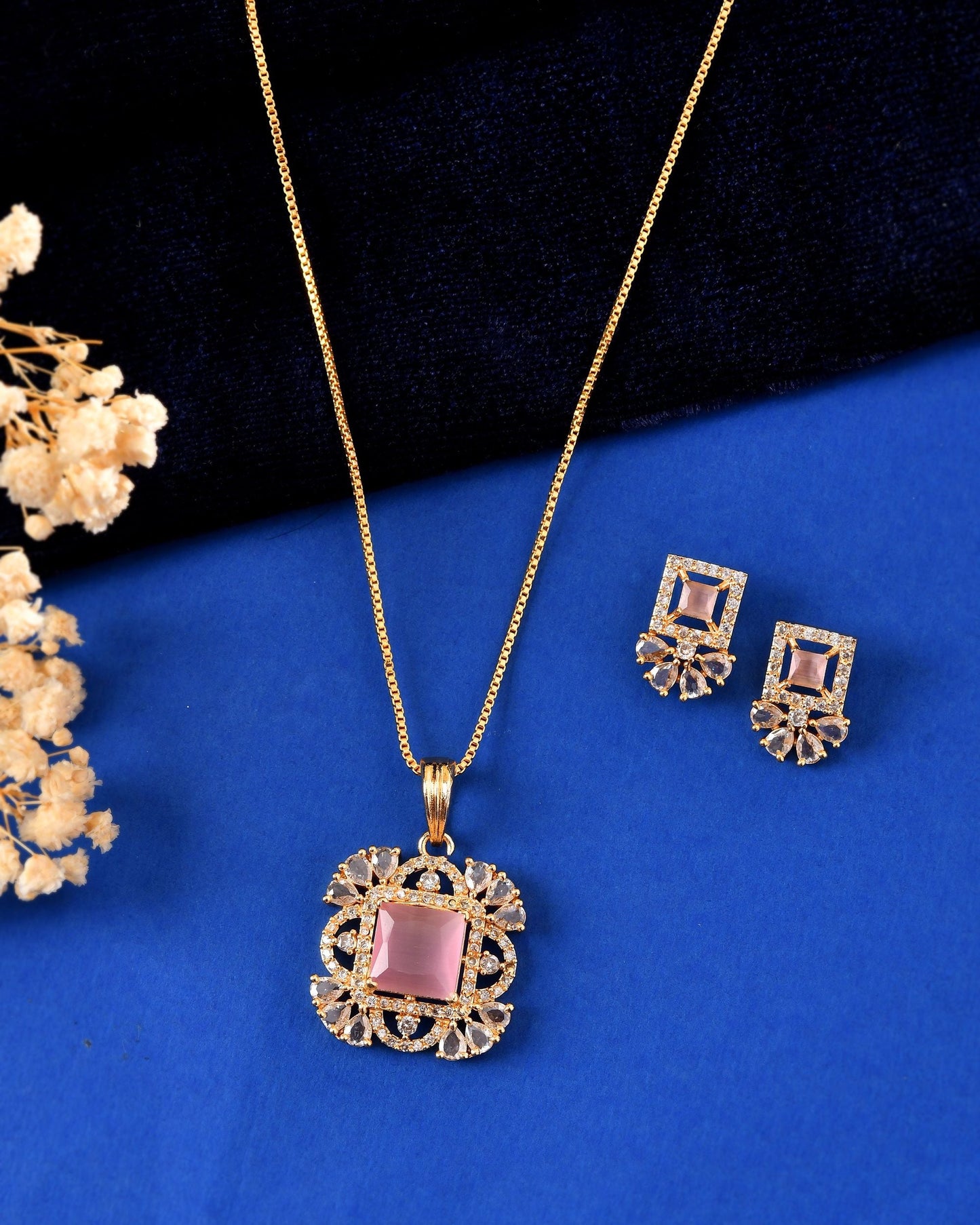 VOJ Gold Plated Baby Pink Square Ad Stone Studded Chain Set