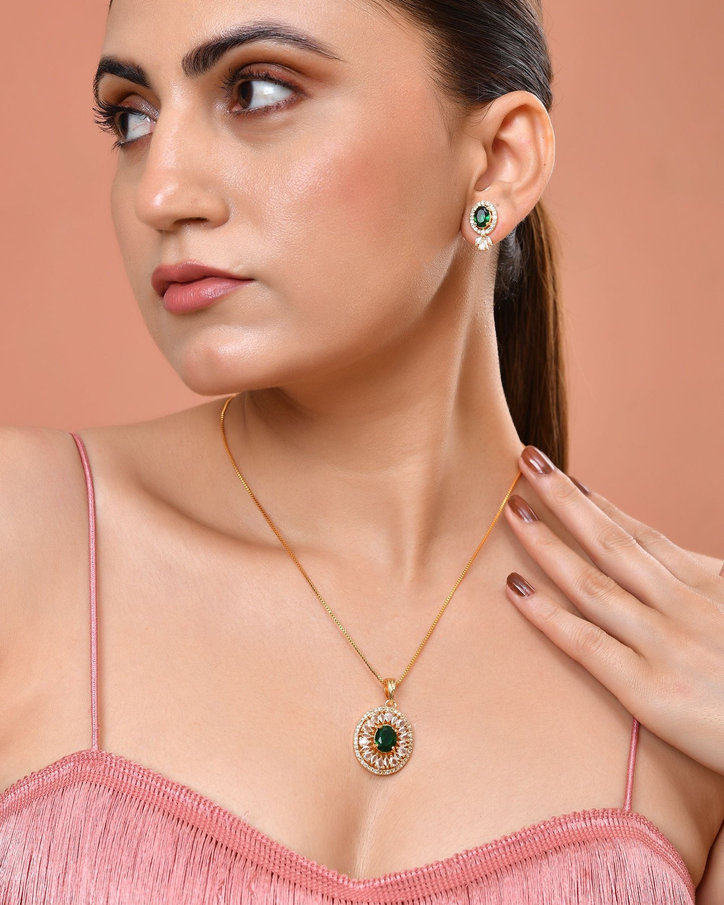 VOJ Gold Plated Green Oval Shaped Ad Stone Studded Chain Set