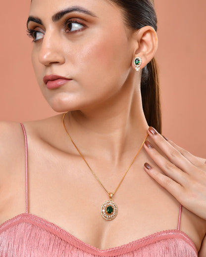 VOJ Gold Plated Green Oval Shaped Ad Stone Studded Chain Set