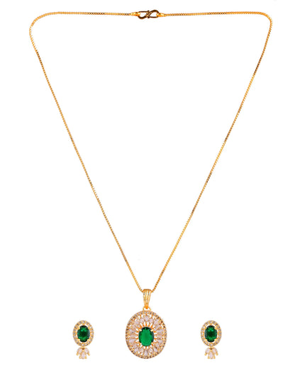 VOJ Gold Plated Green Oval Shaped Ad Stone Studded Chain Set