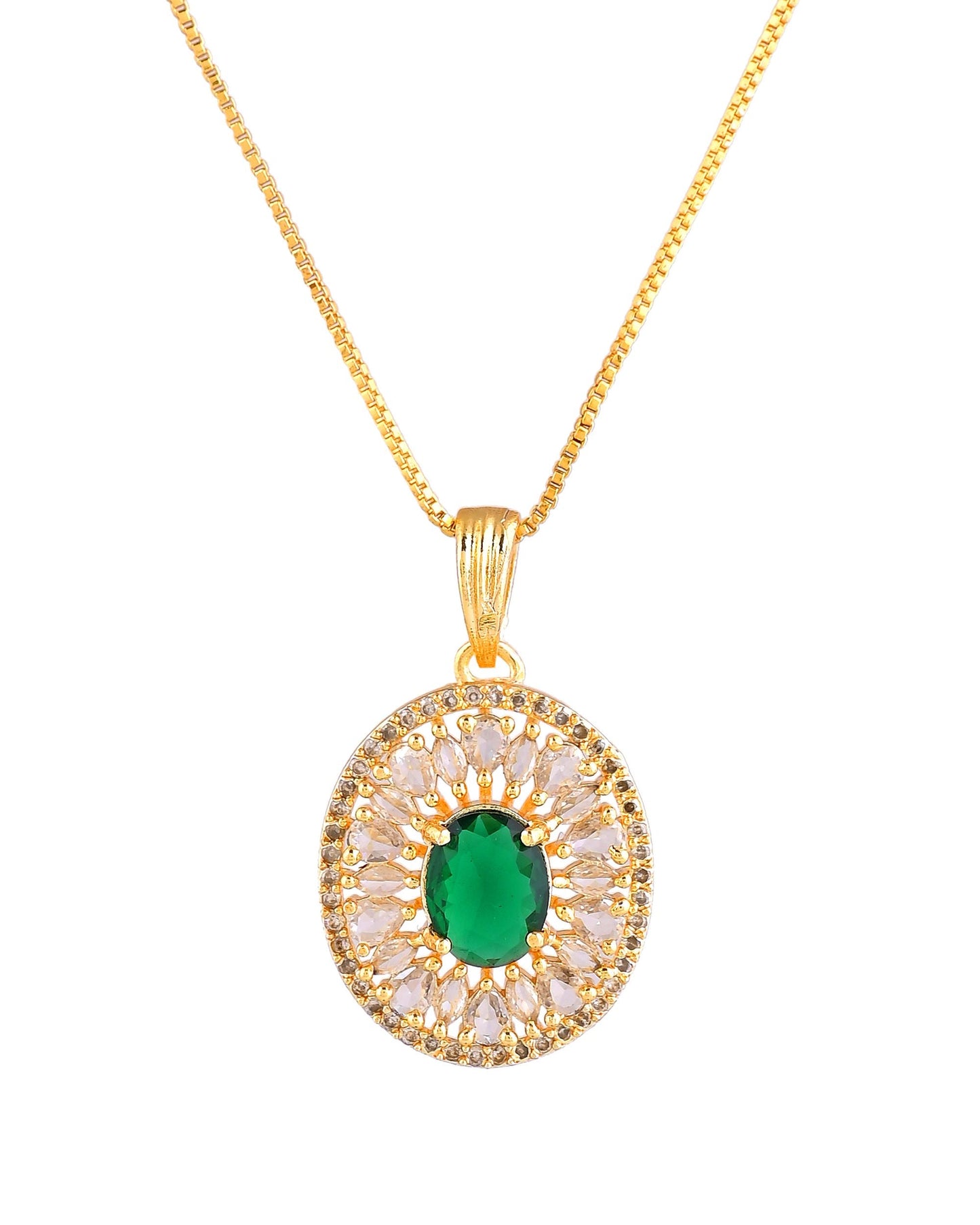 VOJ Gold Plated Green Oval Shaped Ad Stone Studded Chain Set