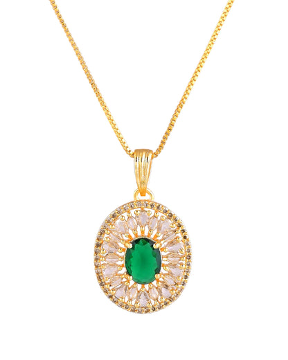 VOJ Gold Plated Green Oval Shaped Ad Stone Studded Chain Set