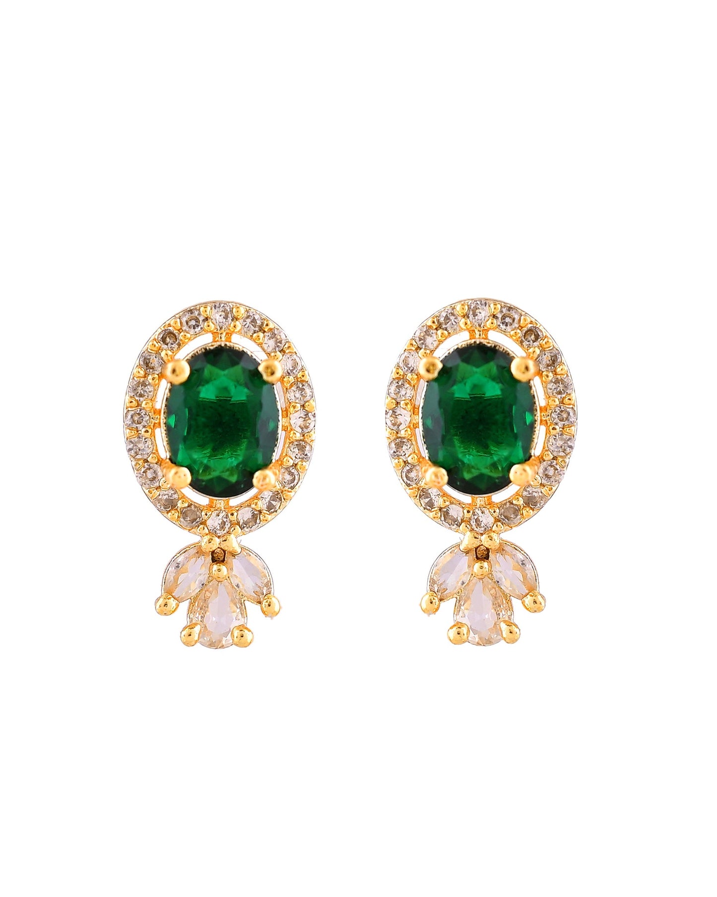 VOJ Gold Plated Green Oval Shaped Ad Stone Studded Chain Set
