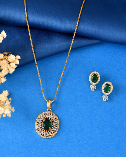 VOJ Gold Plated Green Oval Shaped Ad Stone Studded Chain Set