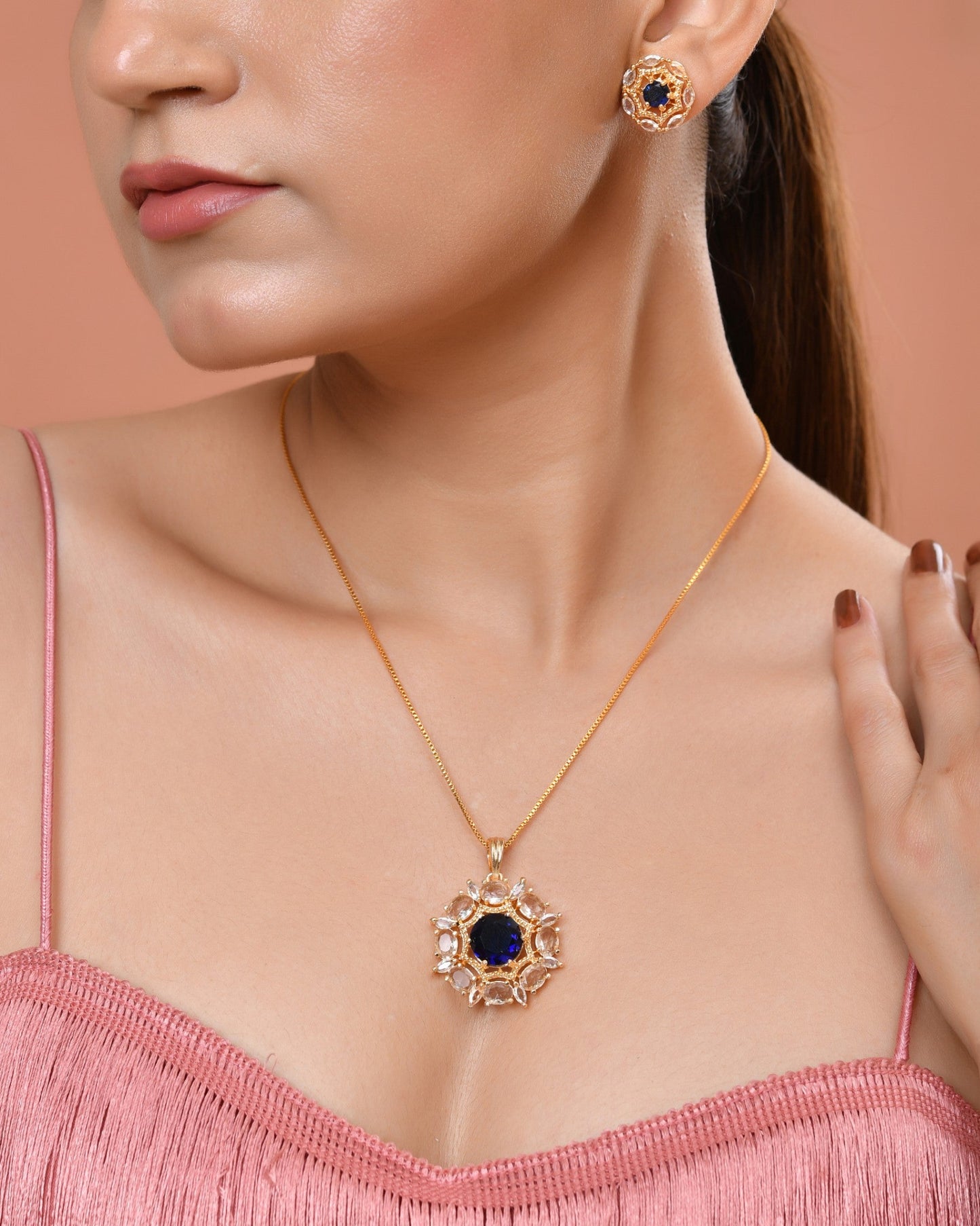 VOJ Gold Plated Blue Circular Stone Studded Floral Ad Chain Set