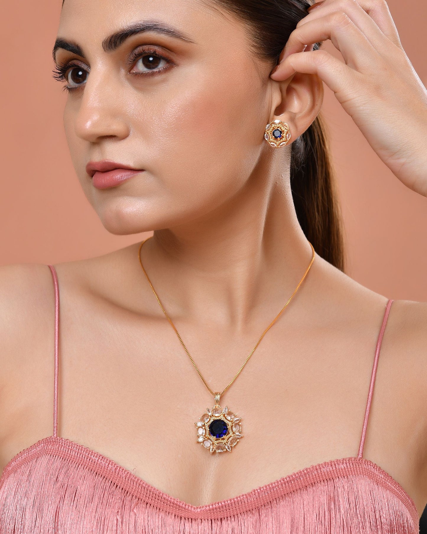 VOJ Gold Plated Blue Circular Stone Studded Floral Ad Chain Set