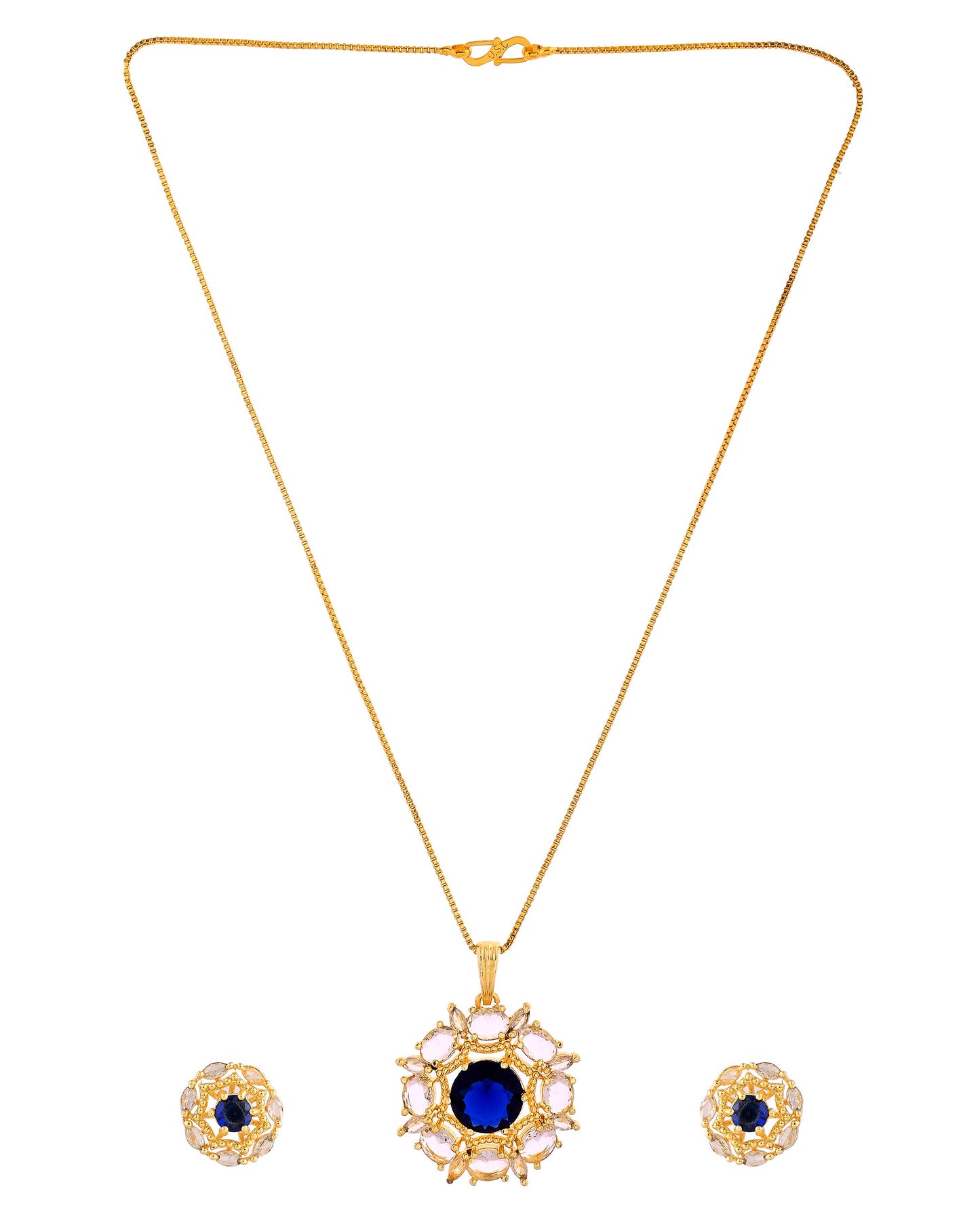 VOJ Gold Plated Blue Circular Stone Studded Floral Ad Chain Set