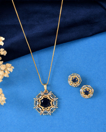 VOJ Gold Plated Blue Circular Stone Studded Floral Ad Chain Set