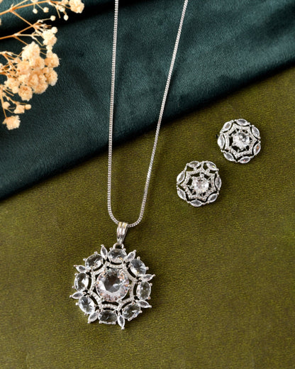 VOJ Silver Plated Circular Stone Studded Floral Shaped Ad Chain Set