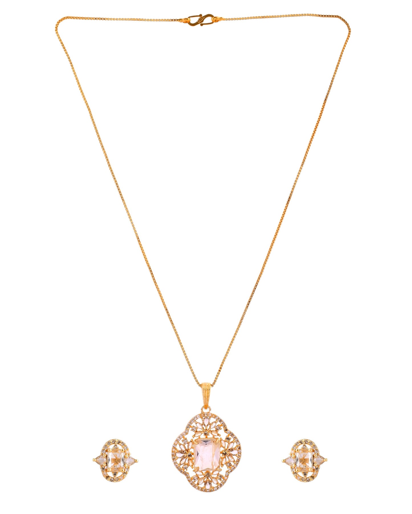 VOJ Gold Toned Rectangular Stone Studded Cz Chain Set