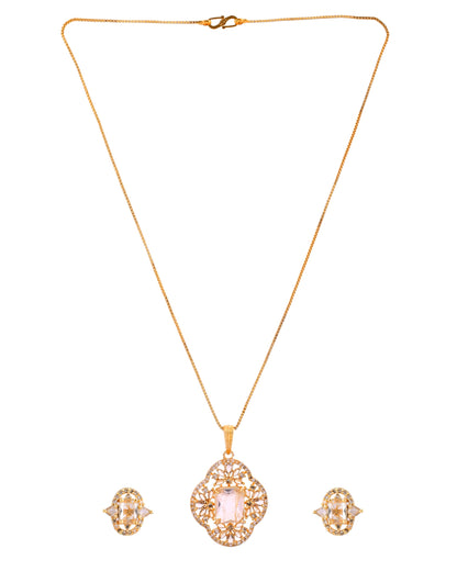 VOJ Gold Toned Rectangular Stone Studded Cz Chain Set