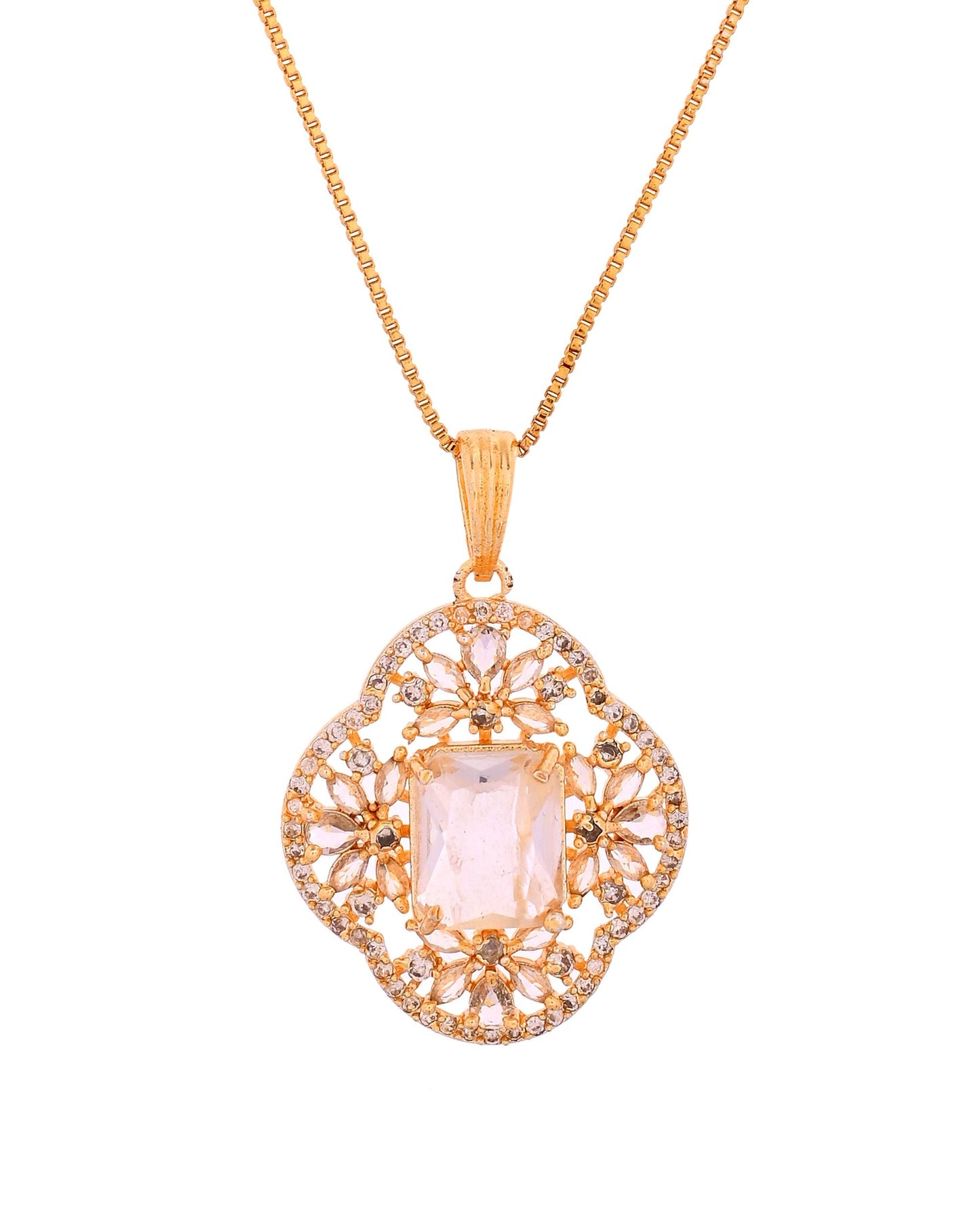 VOJ Gold Toned Rectangular Stone Studded Cz Chain Set