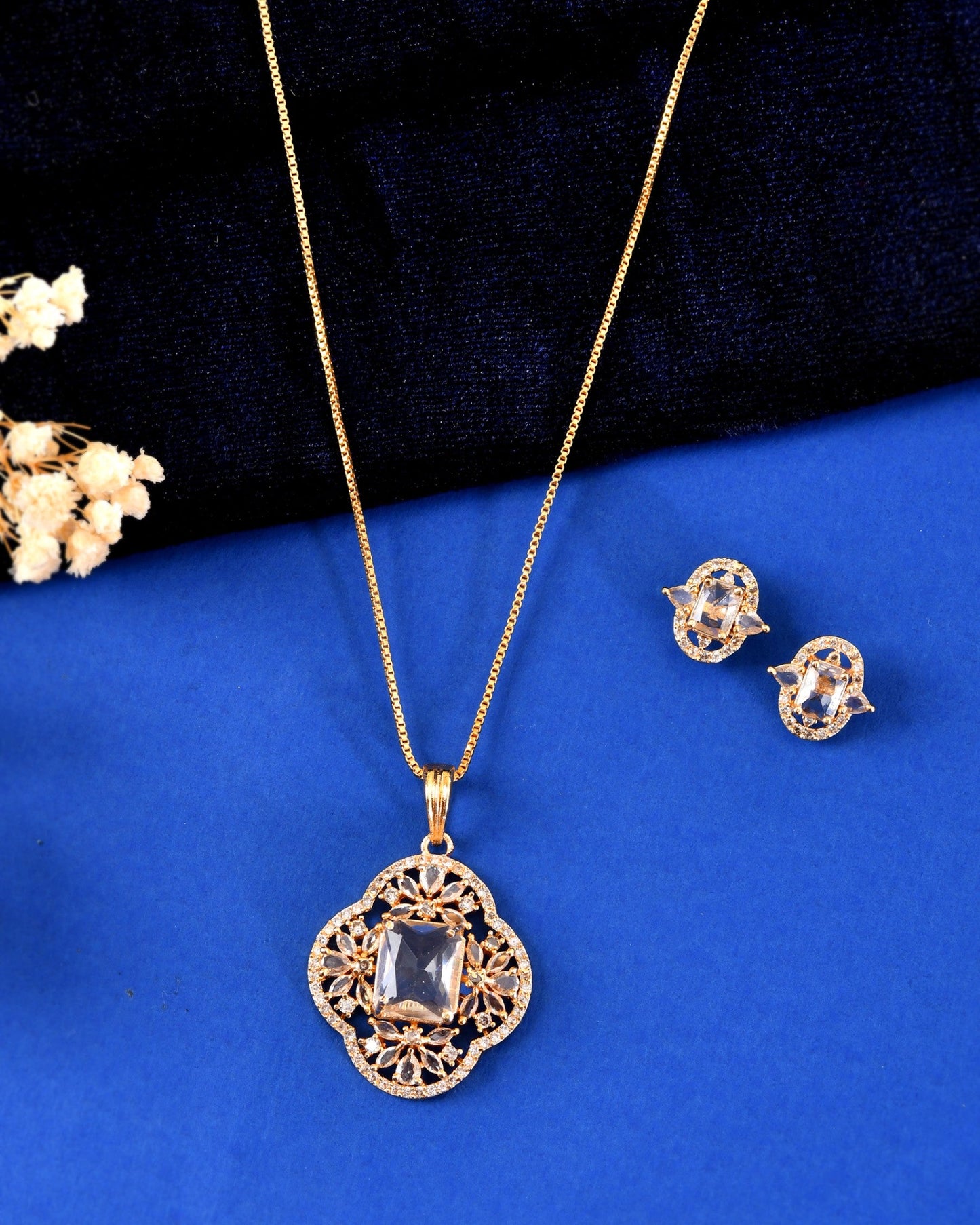 VOJ Gold Toned Rectangular Stone Studded Cz Chain Set