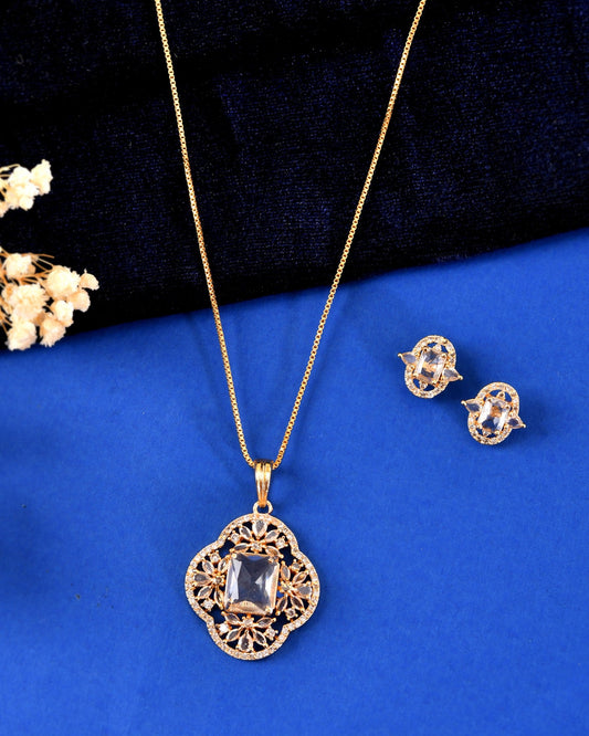 VOJ Gold Toned Rectangular Stone Studded Cz Chain Set