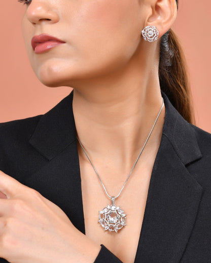VOJ Silver Plated Circular Stone Studded Sun Shaped Ad Pendant With Chain Set