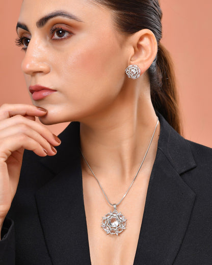 VOJ Silver Plated Circular Stone Studded Sun Shaped Ad Pendant With Chain Set