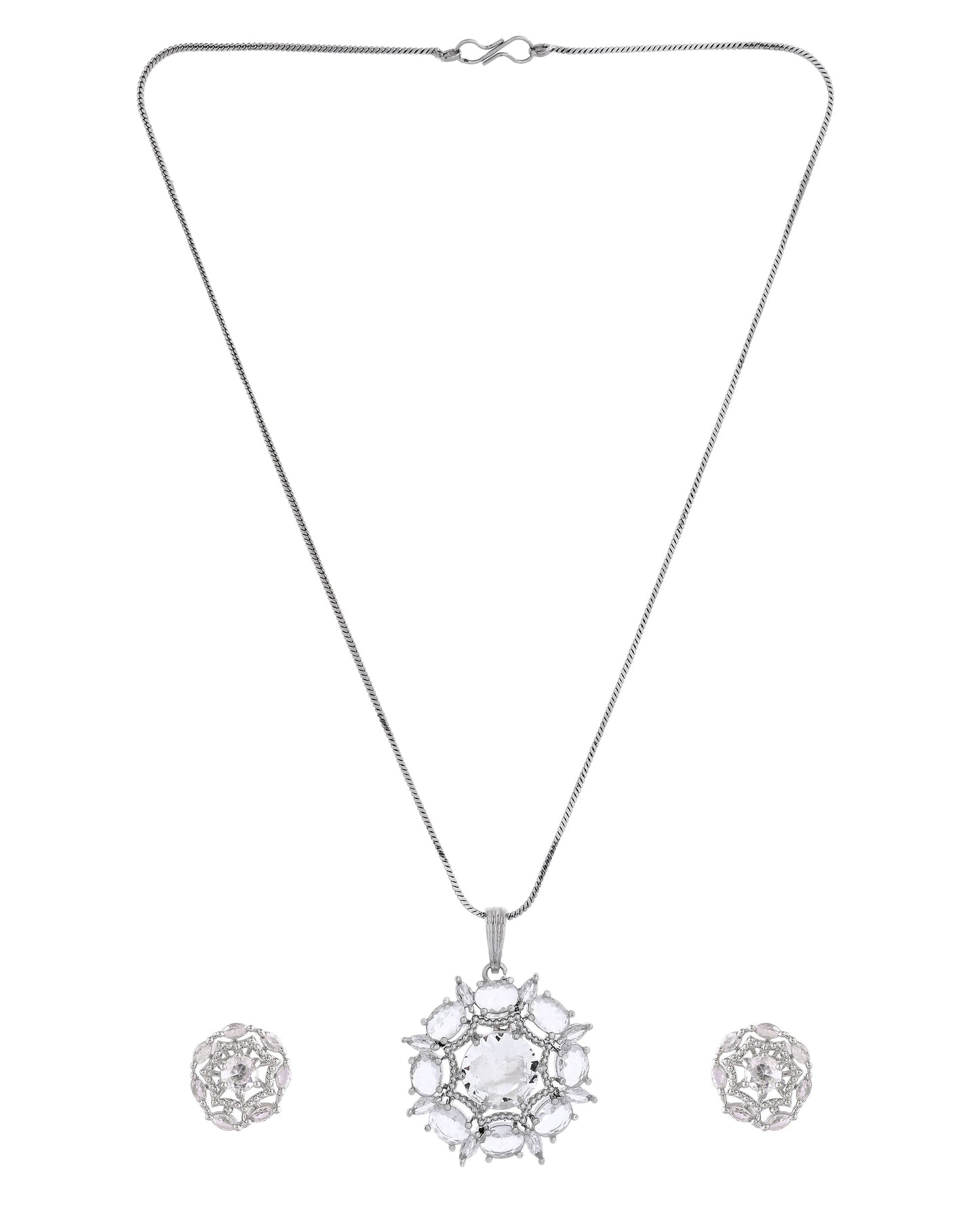 VOJ Silver Plated Circular Stone Studded Sun Shaped Ad Pendant With Chain Set