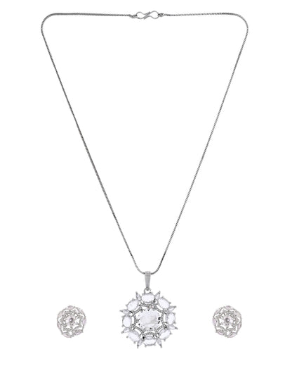 VOJ Silver Plated Circular Stone Studded Sun Shaped Ad Pendant With Chain Set