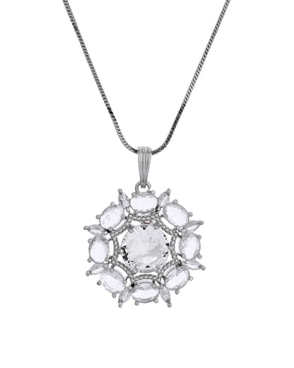 VOJ Silver Plated Circular Stone Studded Sun Shaped Ad Pendant With Chain Set
