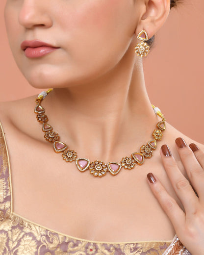 VOJ Gold Tone Floral With Pink Stone Ad Necklace Set